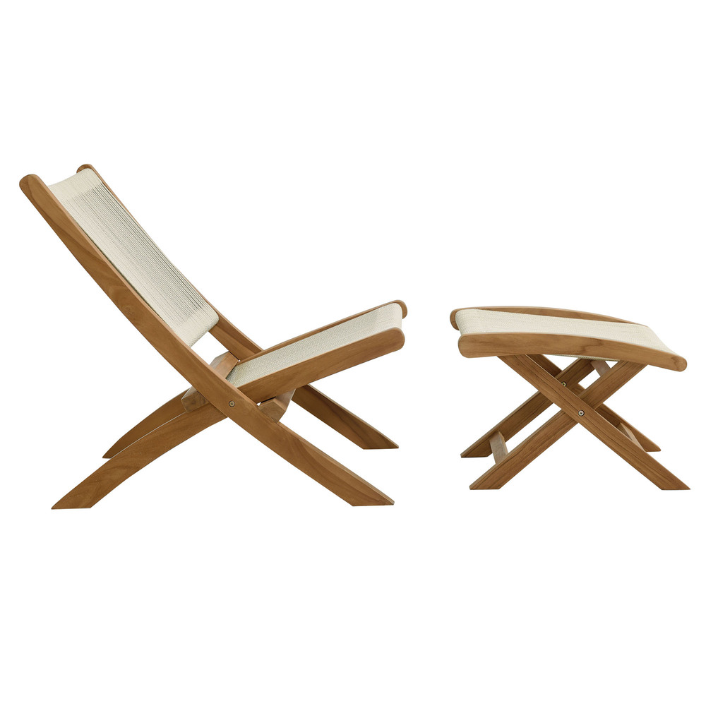 Vienna 2-Piece Outdoor Patio Teak and Rope Folding Accent Lounge Chair and Ottoman Set in Natural Natural by Modway - Image 7