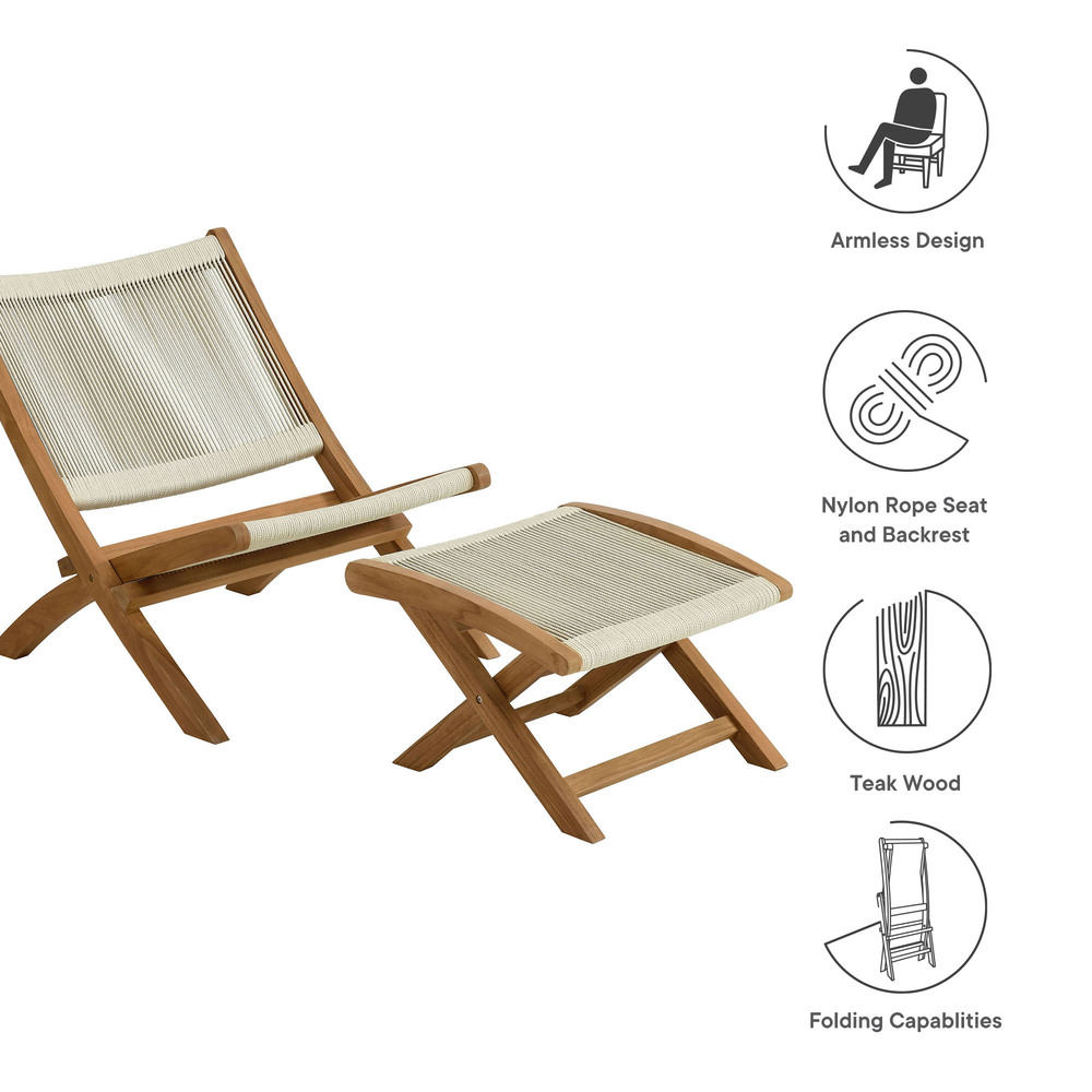 Vienna 2-Piece Outdoor Patio Teak and Rope Folding Accent Lounge Chair and Ottoman Set in Natural Natural by Modway - Image 4