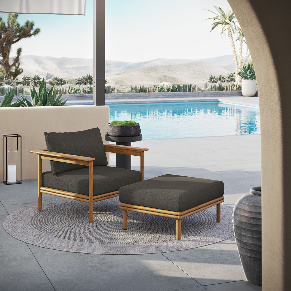 Wren Outdoor Patio Teak Wood Armchair and Ottoman Set in Natural Flint Gray by Modway - Image 7