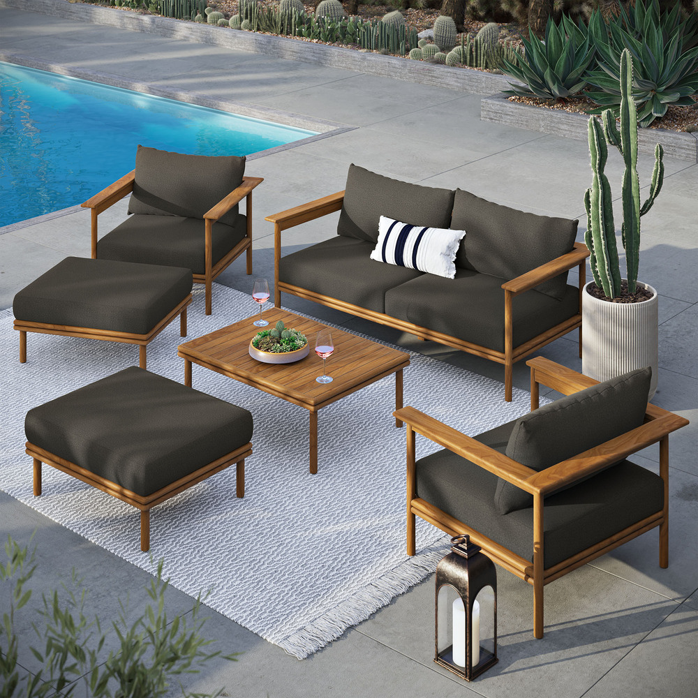 Wren 6-Piece Outdoor Patio Teak Wood Furniture Set in Natural Flint Gray by Modway - Image 11