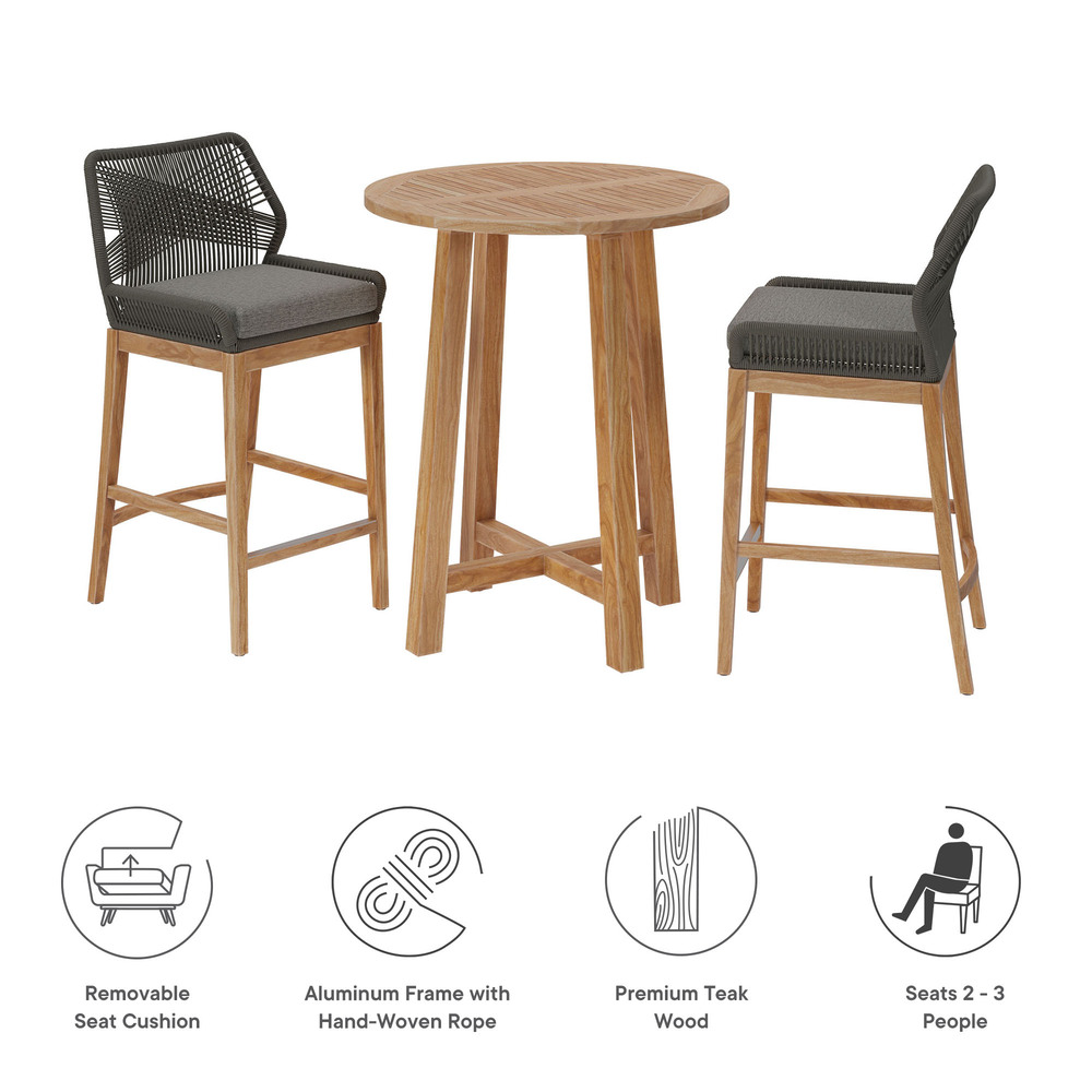 Wellspring 3-Piece Outdoor Patio Teak Wood Bar Set in Gray Graphite by Modway - Image 4