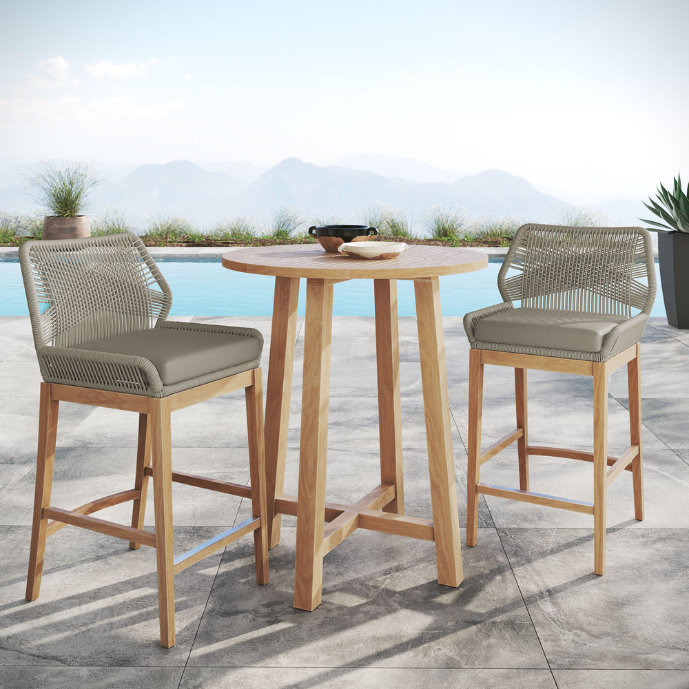 Wellspring 3-Piece Outdoor Patio Teak Wood Bar Set in Light Gray Greige by Modway - Image 13