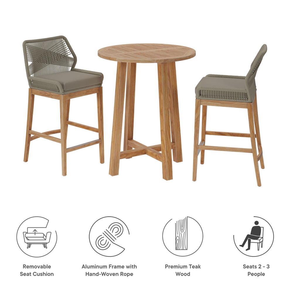 Wellspring 3-Piece Outdoor Patio Teak Wood Bar Set in Light Gray Greige by Modway - Image 4