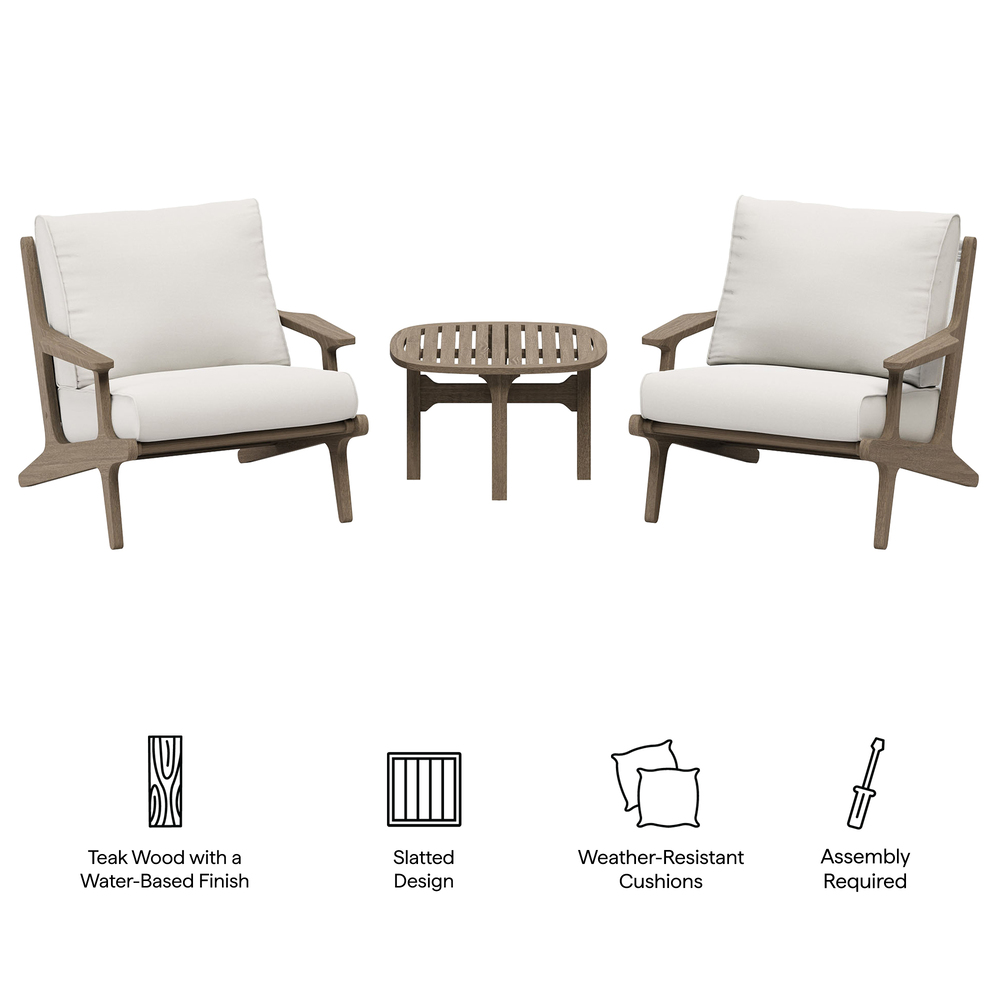 Saratoga 3-Piece Outdoor Patio Teak Wood Furniture Set with Lounge Chairs and Side Table in Weathered Gray White by Modway - Image 2