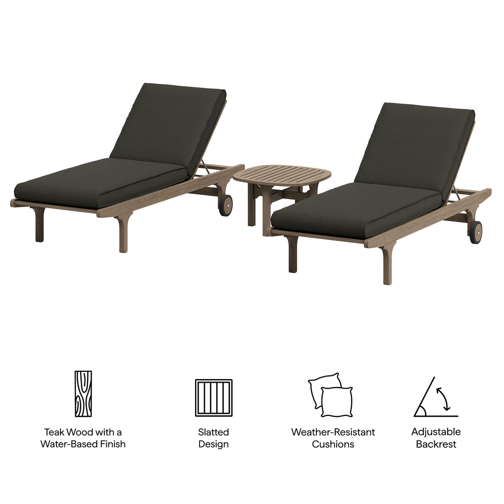 Saratoga Outdoor Patio Teak Wood 3-Piece Chaise Lounge Furniture Set in Flint Gray by Modway - Image 2