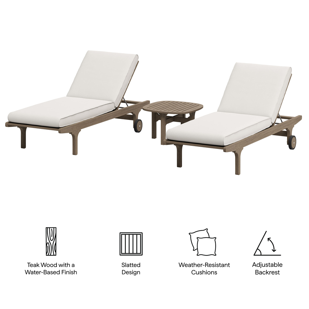 Saratoga Outdoor Patio Teak Wood 3-Piece Chaise Lounge Furniture Set in Weathered Gray by Modway - Image 4