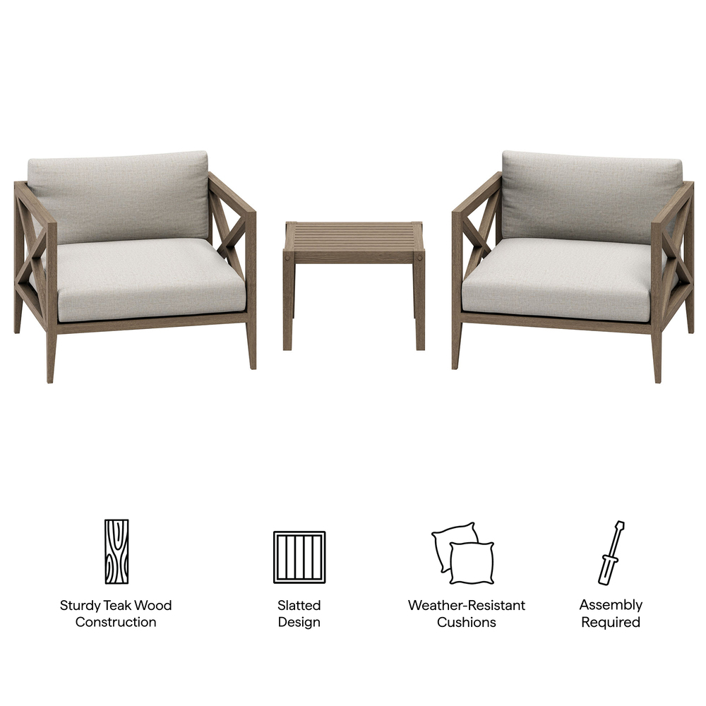 Northlake 3-Piece Outdoor Patio Teak Wood Furniture Set with Armchair and Side Table in Pebble by Modway - Image 2
