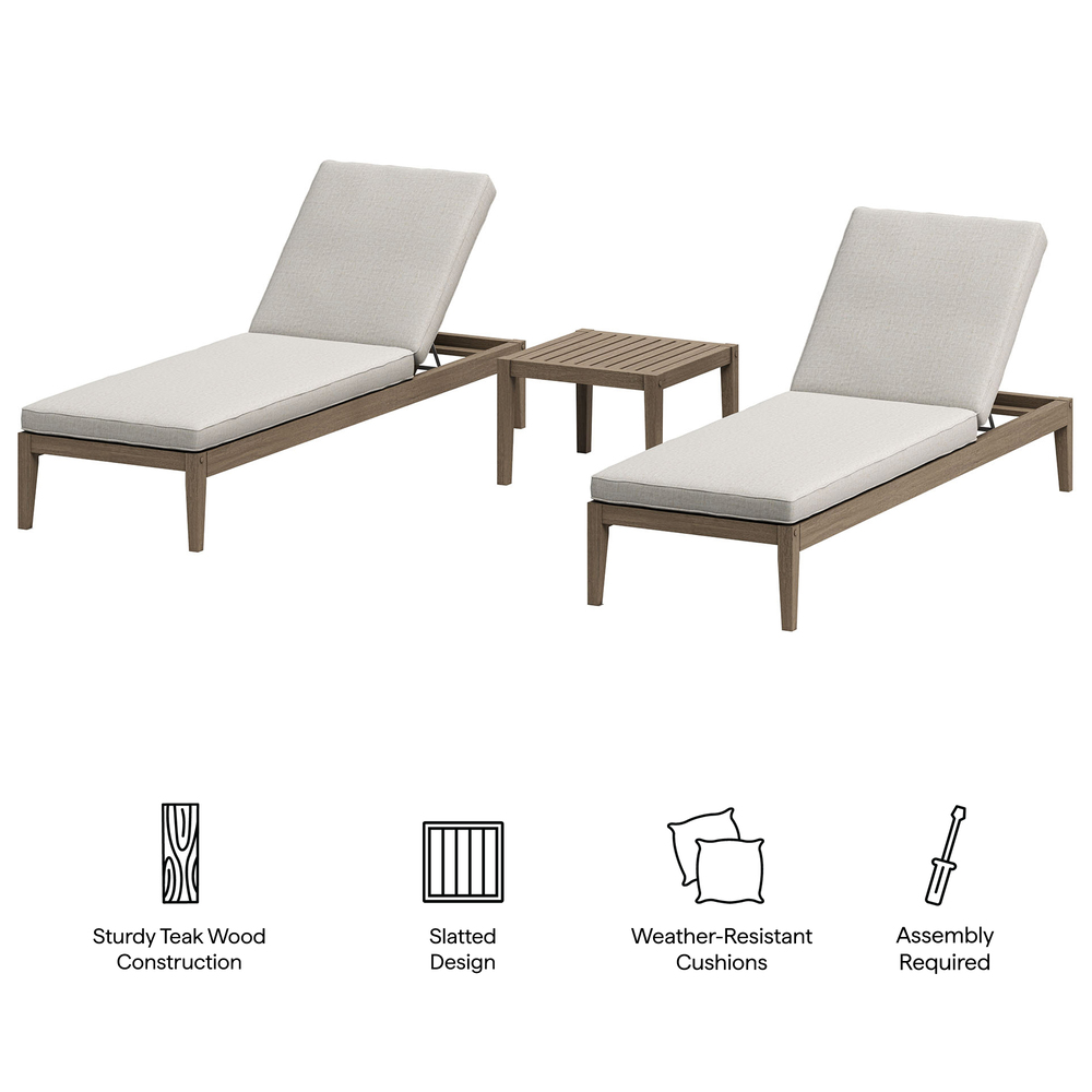 Northlake 3-Piece Outdoor Patio Teak Wood Furniture Set with Chaise Lounges and Side Table in Pebble by Modway - Image 2
