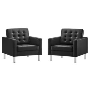 Loft Tufted Vegan Leather Armchairs Set of 2 in Silver Black by Modway