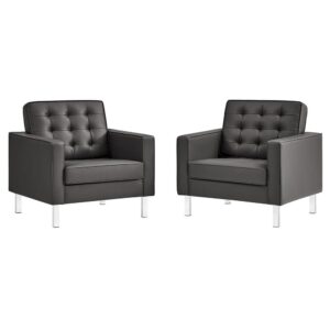 Loft Tufted Vegan Leather Armchairs Set of 2 in Silver Gray by Modway