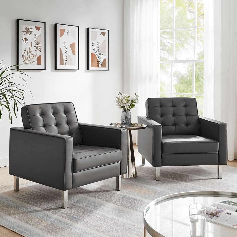 Loft Tufted Vegan Leather Armchairs Set of 2 in Silver Gray by Modway - Image 7