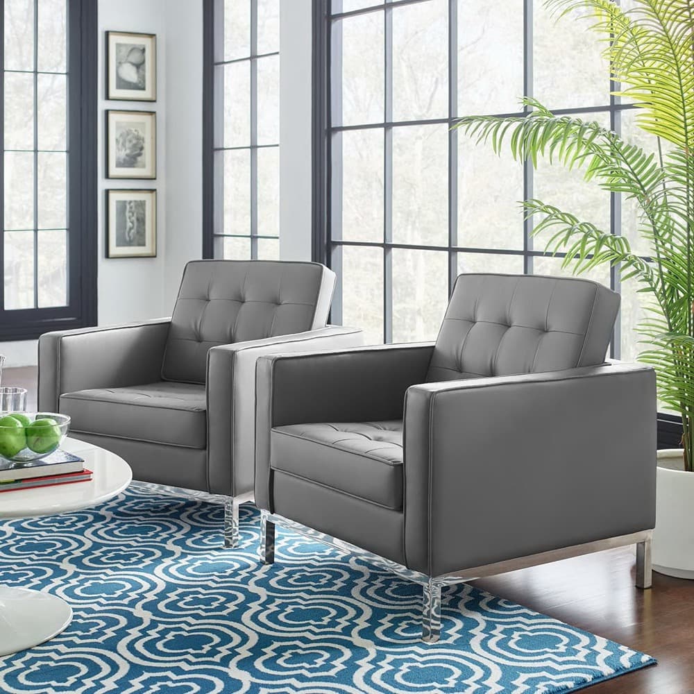 Loft Tufted Vegan Leather Armchairs Set of 2 in Silver Gray by Modway - Image 8