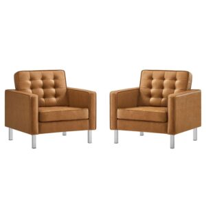Loft Tufted Vegan Leather Armchairs Set of 2 in Silver Tan by Modway
