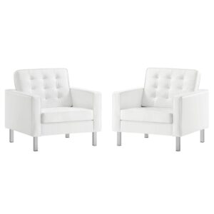 Loft Tufted Vegan Leather Armchairs Set of 2 in Silver White by Modway