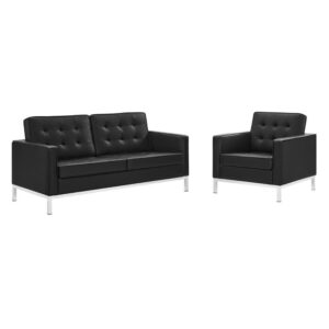 Loft Tufted Upholstered Faux Leather Loveseat and Armchair Set in Silver Black by Modway