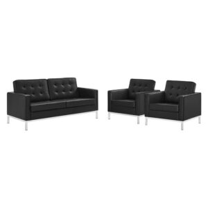 Loft 3-Piece Tufted Upholstered Faux Leather Set in Silver Black by Modway