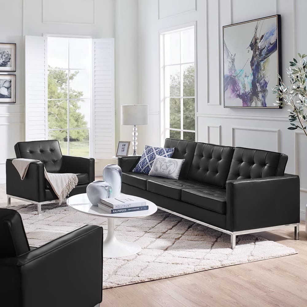 Loft Tufted Upholstered Faux Leather Sofa and Armchair Set in Silver Black by Modway - Image 6