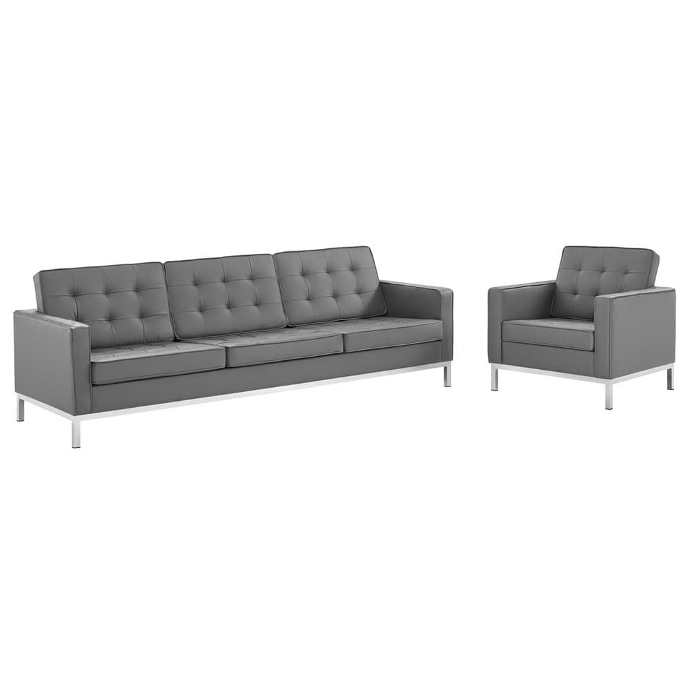 Loft Tufted Upholstered Faux Leather Sofa and Armchair Set in Silver Gray by Modway