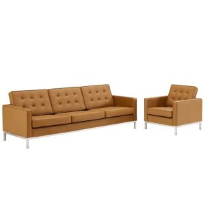 Loft Tufted Upholstered Faux Leather Sofa and Armchair Set in Silver Tan by Modway