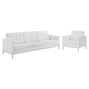 Loft Tufted Upholstered Faux Leather Sofa and Armchair Set in Silver White by Modway