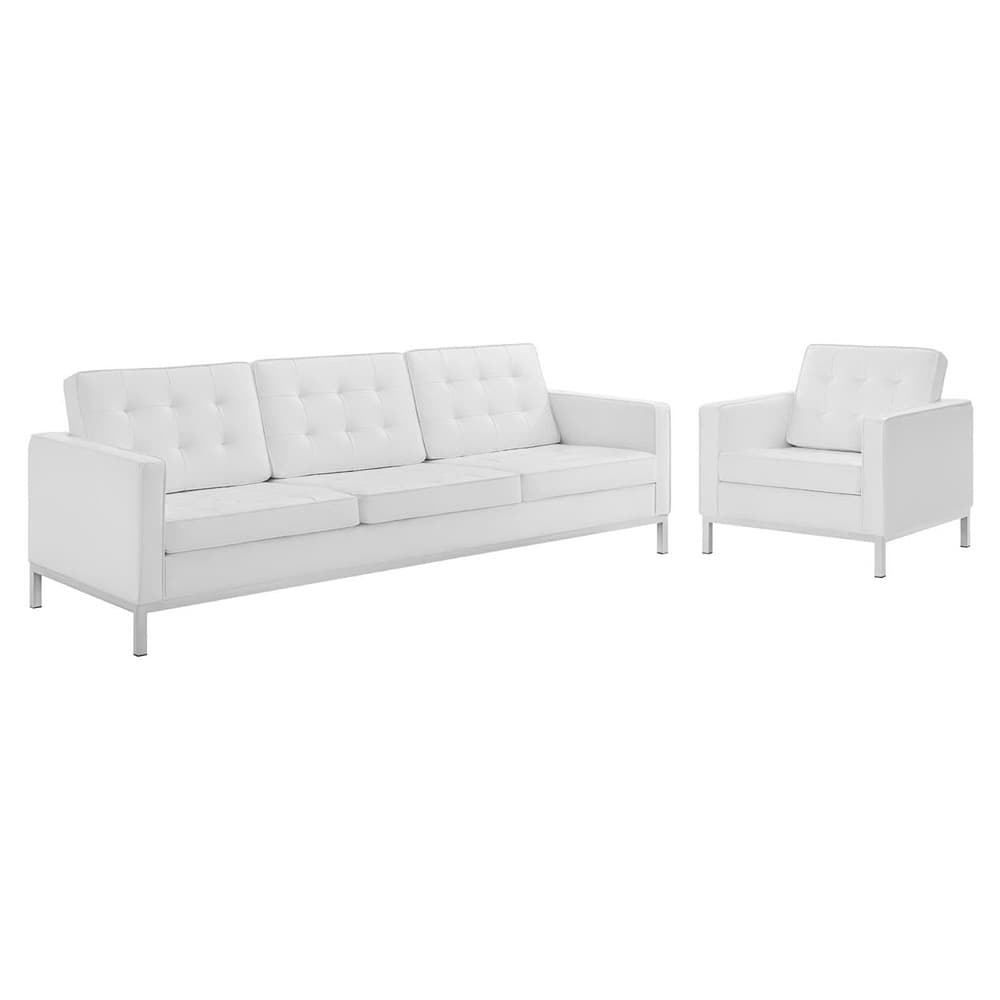 Loft Tufted Upholstered Faux Leather Sofa and Armchair Set in Silver White by Modway
