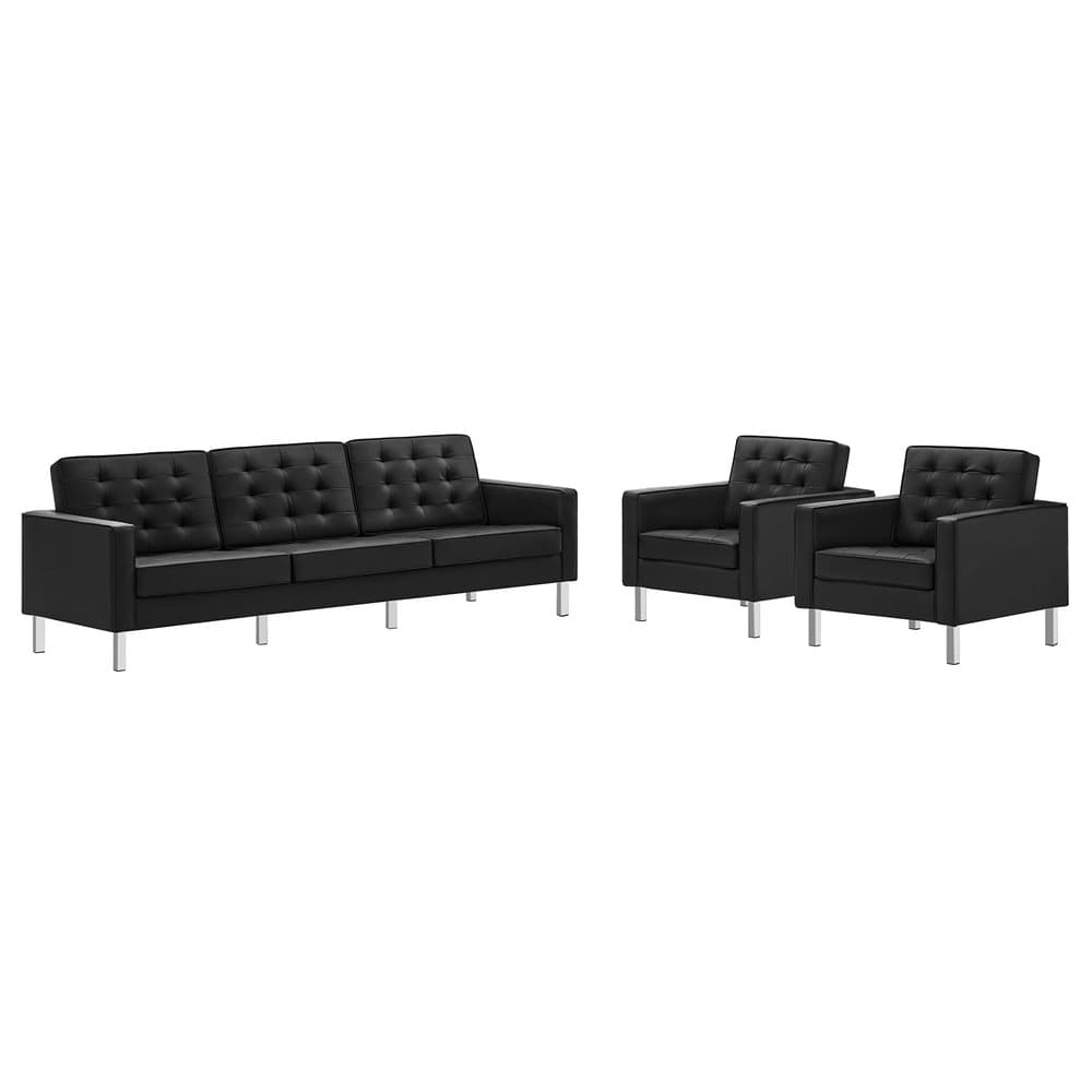 Loft 3-Piece Tufted Vegan Leather Furniture Set in Silver Black by Modway