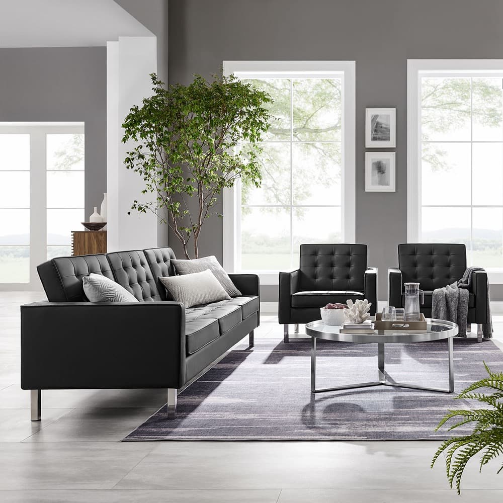 Loft 3-Piece Tufted Vegan Leather Furniture Set in Silver Black by Modway - Image 9