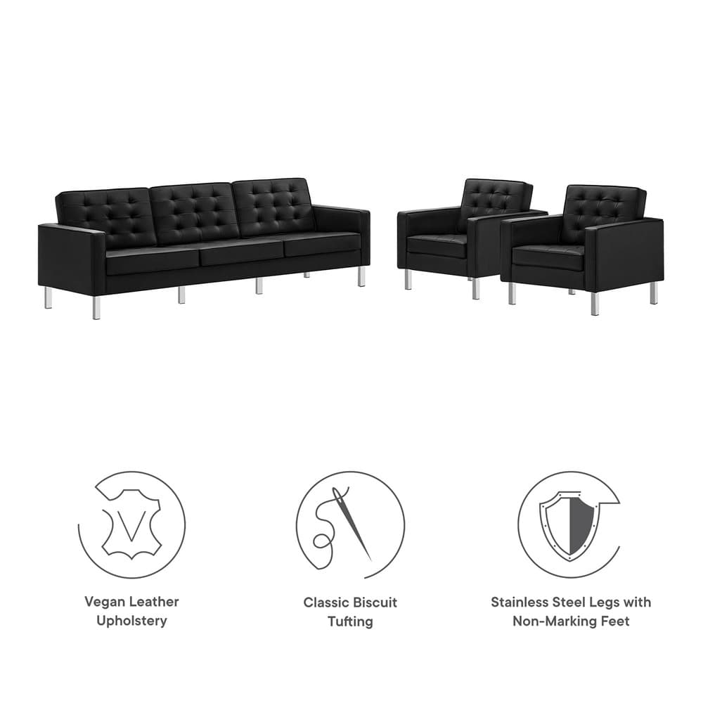 Loft 3-Piece Tufted Vegan Leather Furniture Set in Silver Black by Modway - Image 2