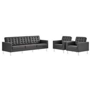 Loft 3-Piece Tufted Vegan Leather Furniture Set in Silver Gray by Modway