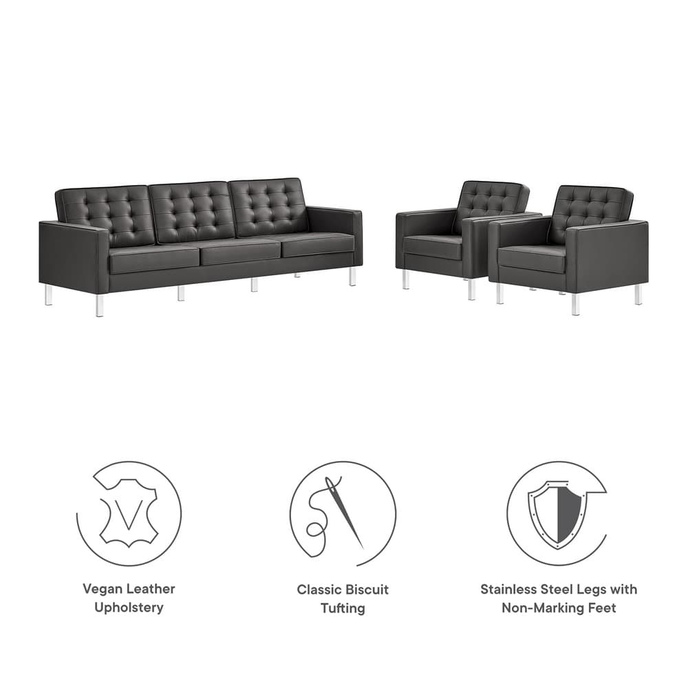 Loft 3-Piece Tufted Vegan Leather Furniture Set in Silver Gray by Modway - Image 2