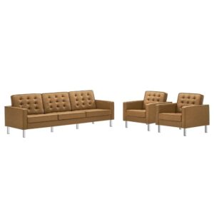 Loft 3-Piece Tufted Vegan Leather Furniture Set in Silver Tan by Modway