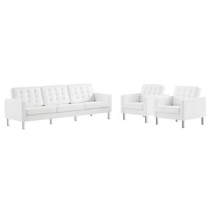 Loft 3-Piece Tufted Vegan Leather Furniture Set in Silver White by Modway