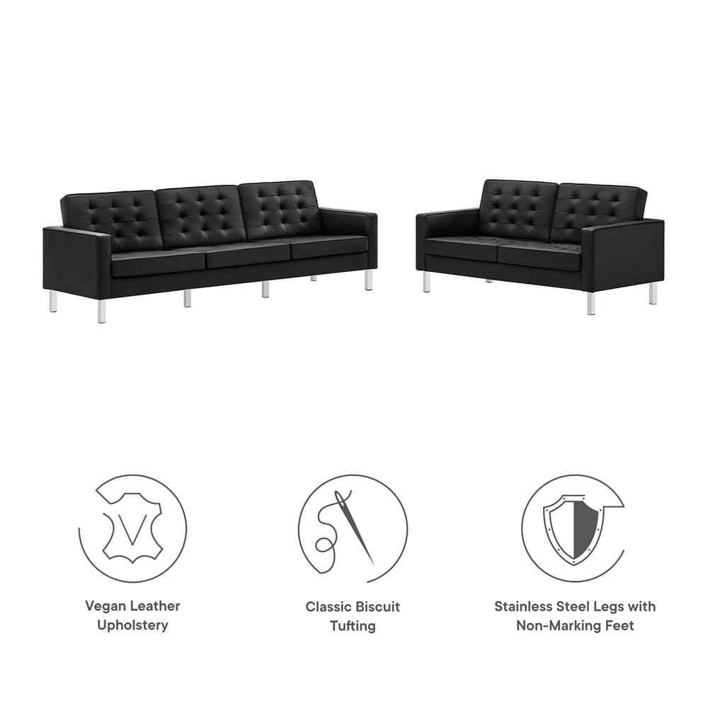 Loft 2-Piece Tufted Vegan Leather Furniture Set in Silver Black by Modway - Image 2