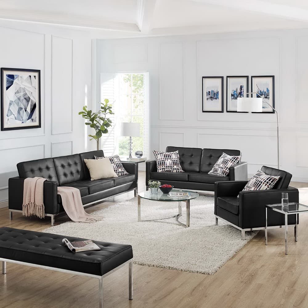 Loft 3-Piece Tufted Upholstered Faux Leather Set in Silver Black by Modway - Image 8