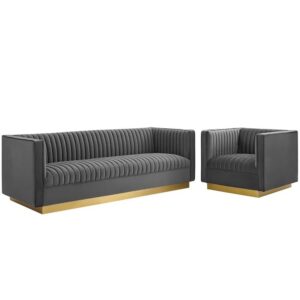Sanguine Vertical Channel Tufted Upholstered Performance Velvet Sofa and Armchair Set in Gray by Modway