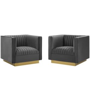 Sanguine Vertical Channel Tufted Upholstered Performance Velvet Armchair Set of 2 in Gray by Modway