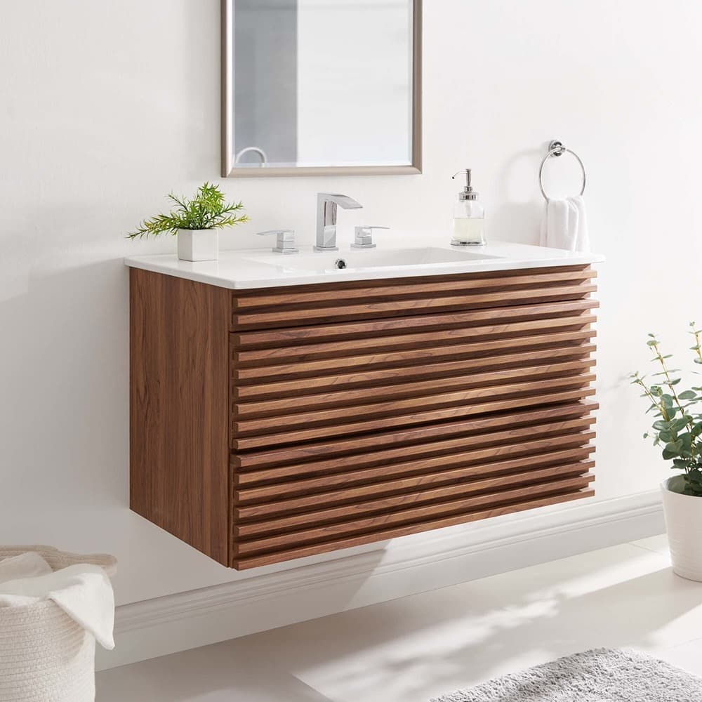 Render 36" Wall-Mount Bathroom Vanity in Walnut White by Modway - Image 9