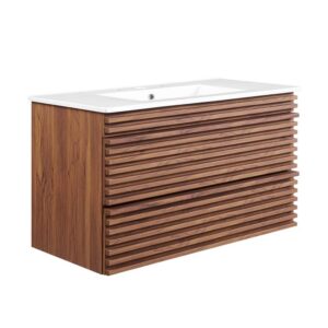 Render 36" Wall-Mount Bathroom Vanity in Walnut White by Modway