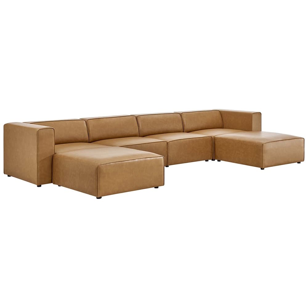 Mingle 4-Piece Vegan Leather Sofa and 2 Ottomans Set in Tan by Modway
