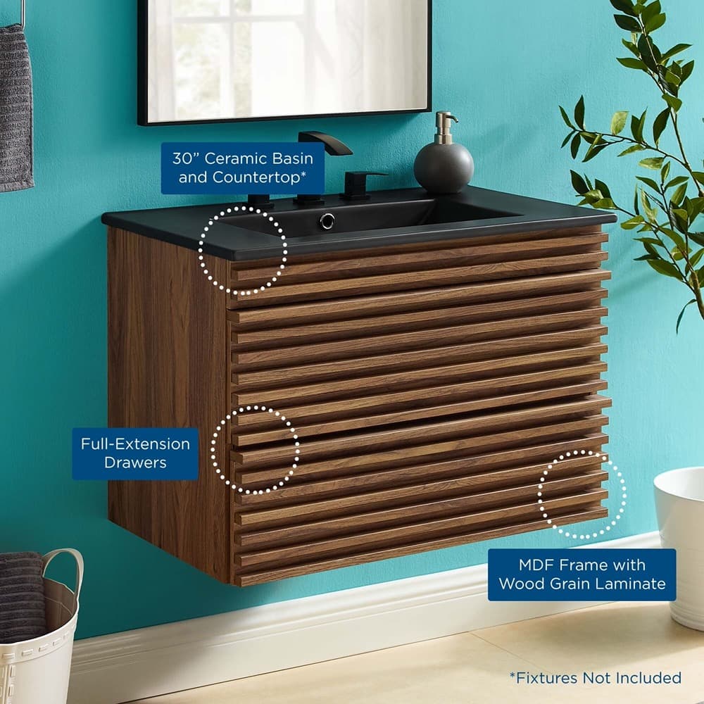Render 30" Wall-Mount Bathroom Vanity in Walnut Black by Modway - Image 10