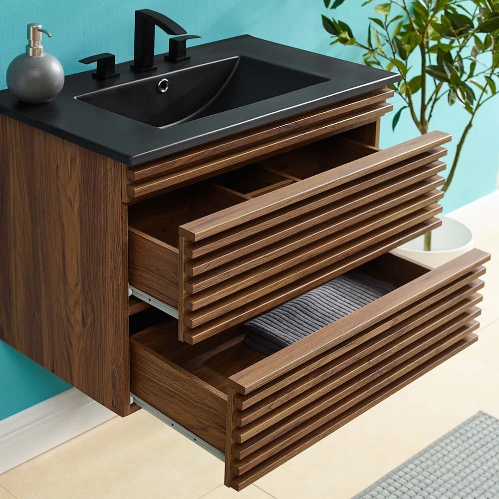 Render 30" Wall-Mount Bathroom Vanity in Walnut Black by Modway - Image 9