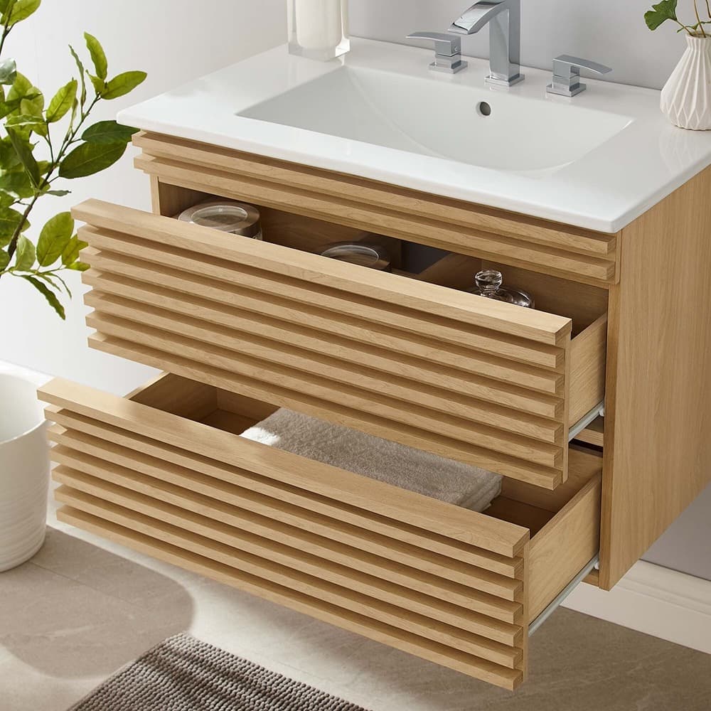 Render 30" Wall-Mount Bathroom Vanity in Oak White by Modway - Image 9