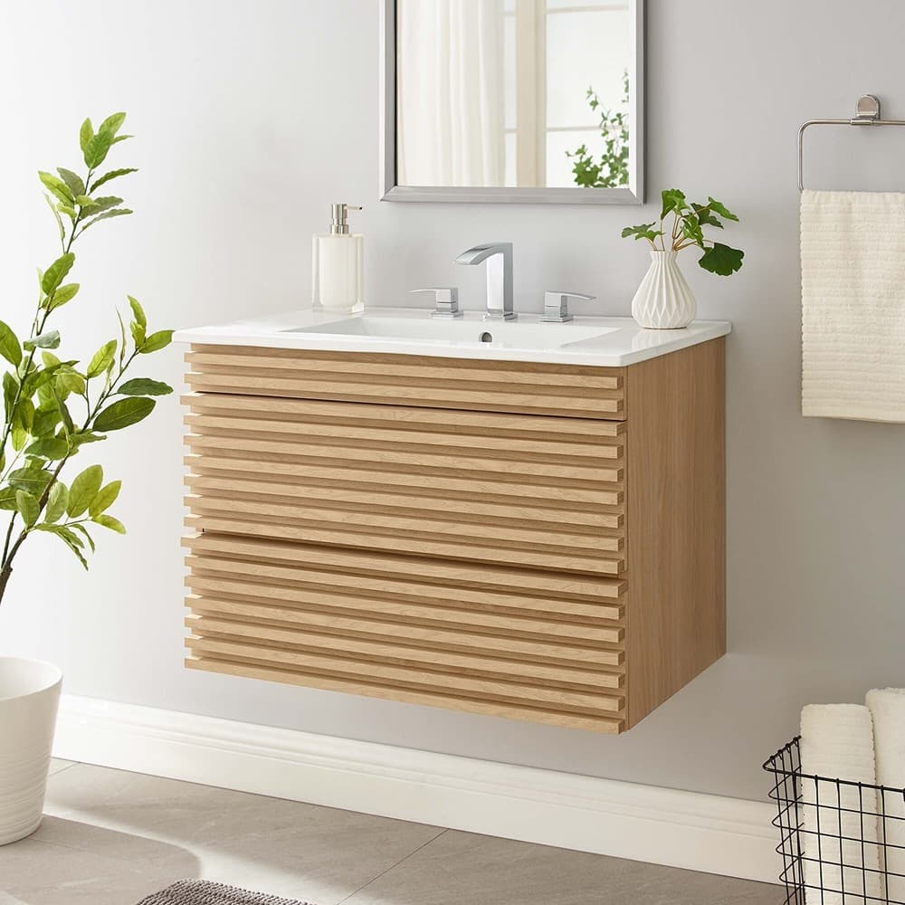 Render 30" Wall-Mount Bathroom Vanity in Oak White by Modway - Image 8