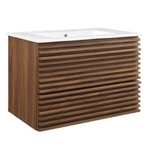 Render 30" Wall-Mount Bathroom Vanity in Walnut White by Modway