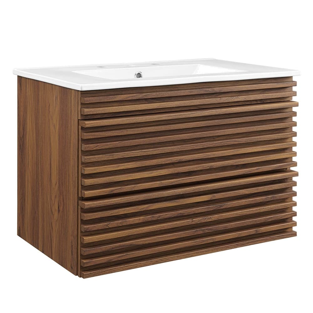 Render 30" Wall-Mount Bathroom Vanity in Walnut White by Modway