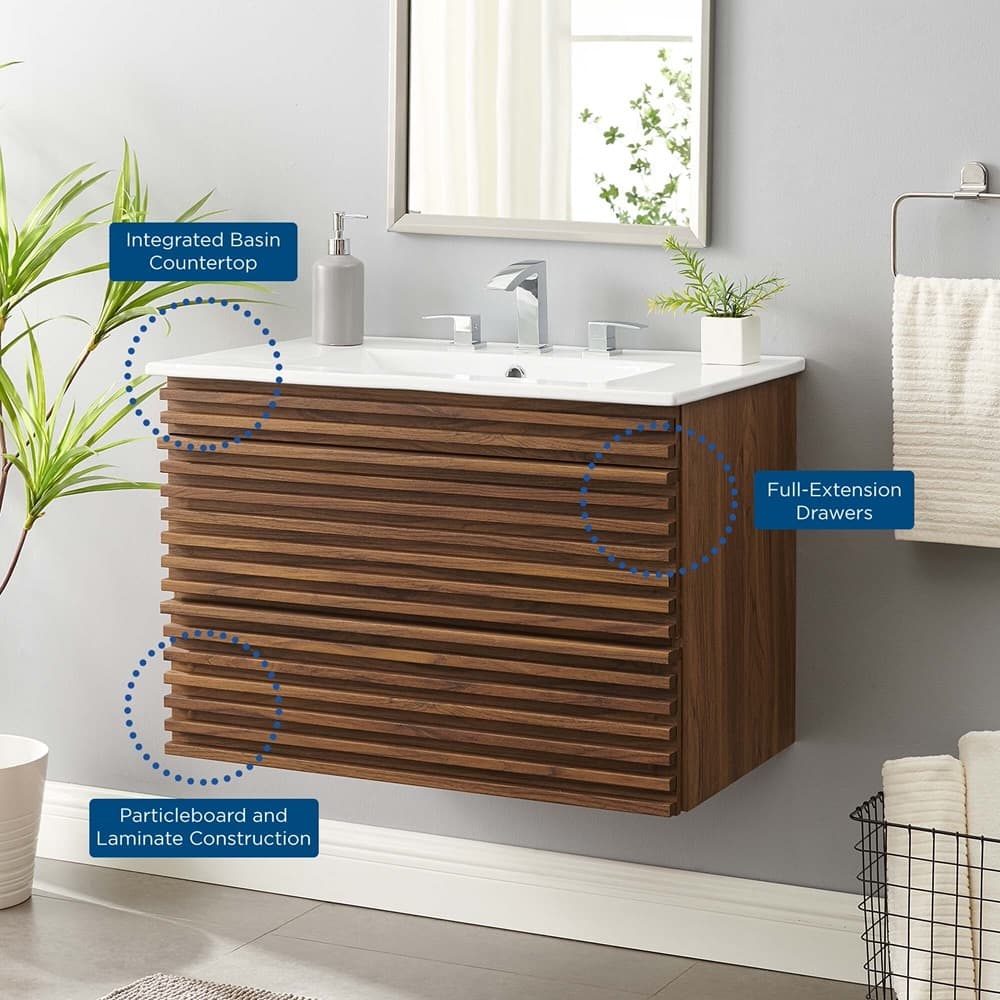 Render 30" Wall-Mount Bathroom Vanity in Walnut White by Modway - Image 10