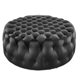 Amour Tufted Button Large Round Performance Velvet Ottoman in Black by Modway