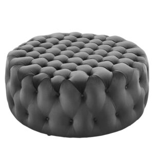 Amour Tufted Button Large Round Performance Velvet Ottoman in Gray by Modway