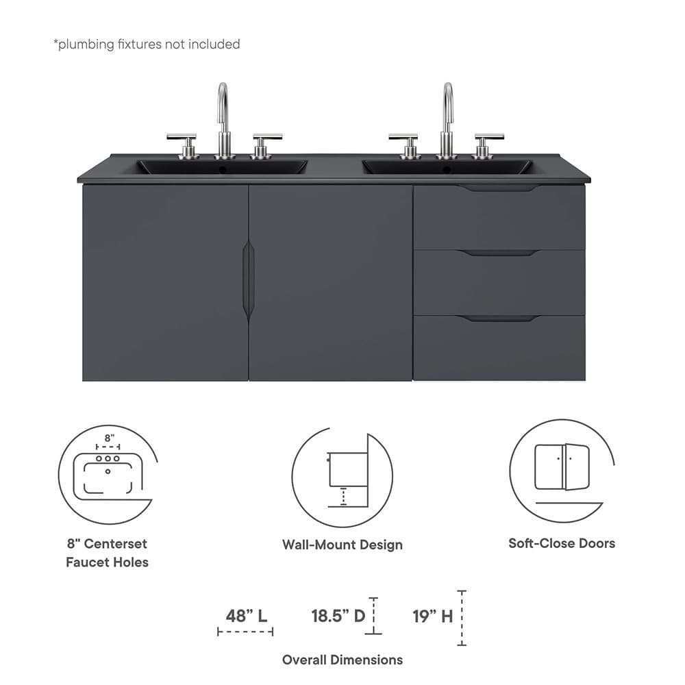 Vitality 48" Double Sink Bathroom Vanity in Gray Black by Modway - Image 2