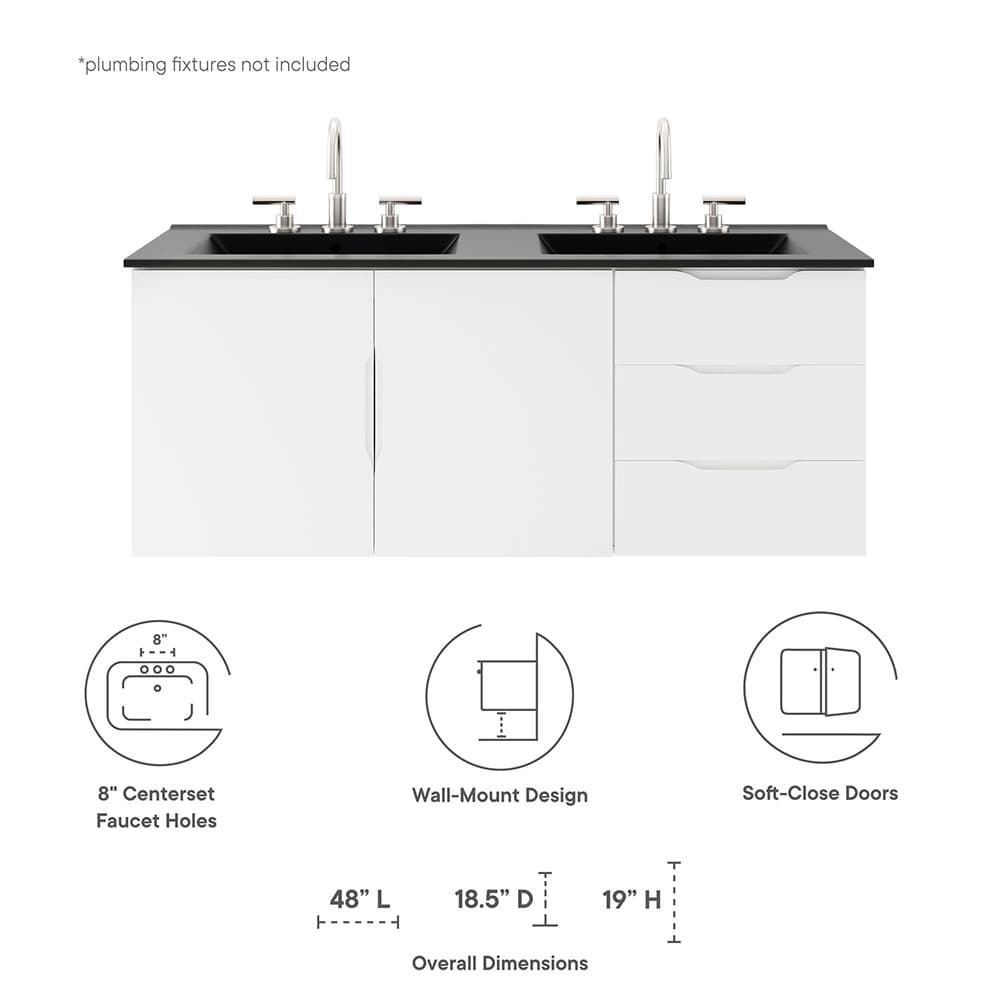 Vitality 48" Double Sink Bathroom Vanity in White Black by Modway - Image 2